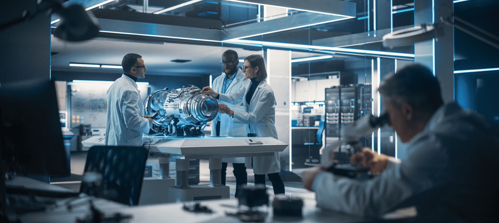 Scientists examining machinery in lab