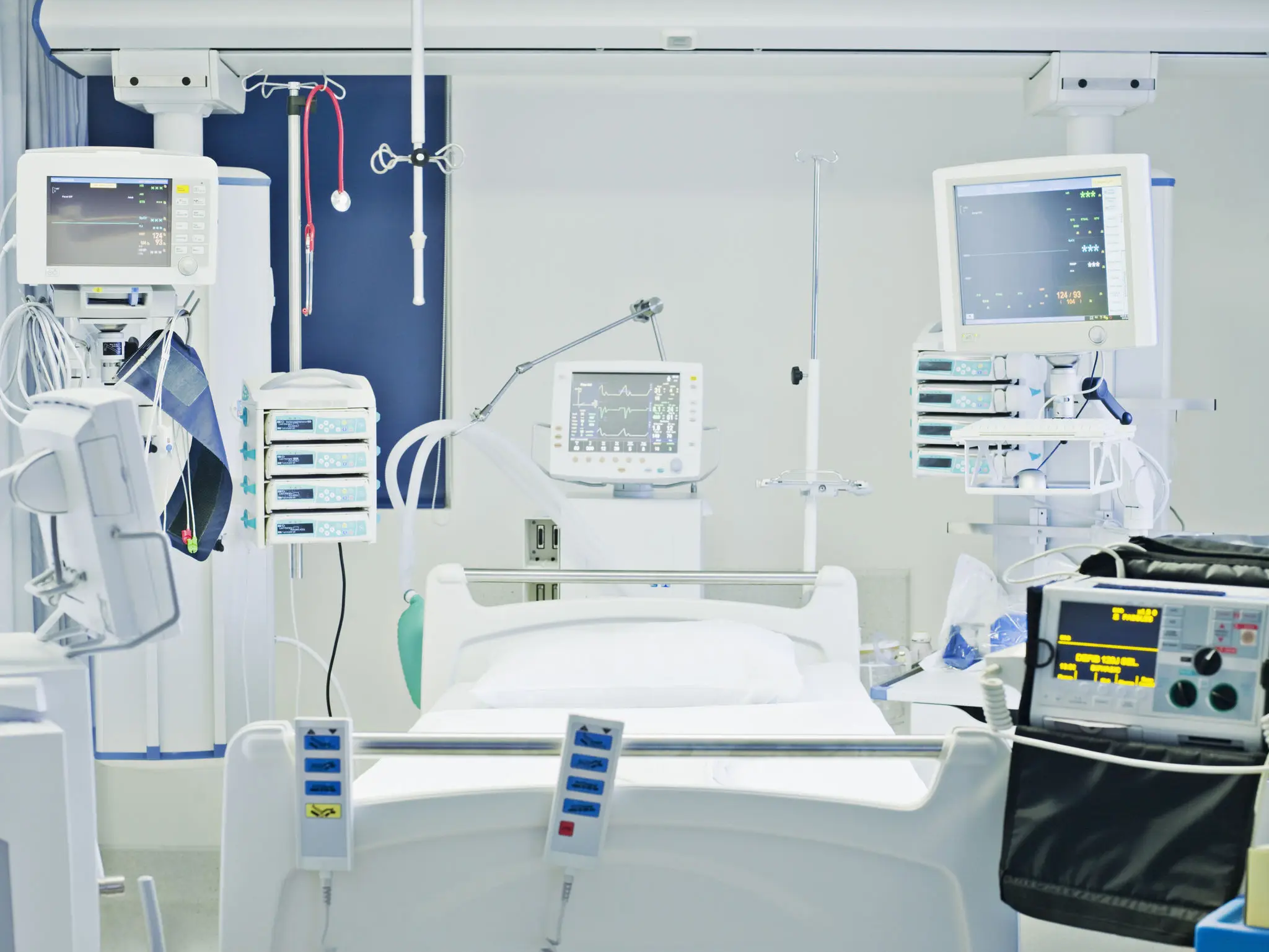 Empty ICU bed surrounded by medical monitors